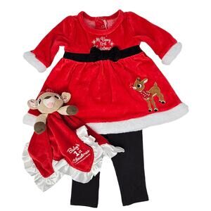 Baby's First Christmas Rudolph Dress Outfit Clarise Lovey Embroidered Bundle